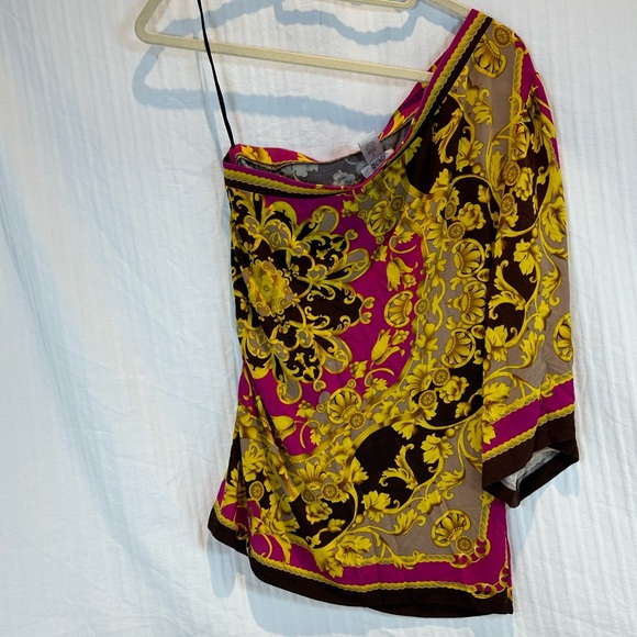 Cache Sz M One Shoulder Open Sleeve Scroll print blouse ruched side - Picture 4 of 9